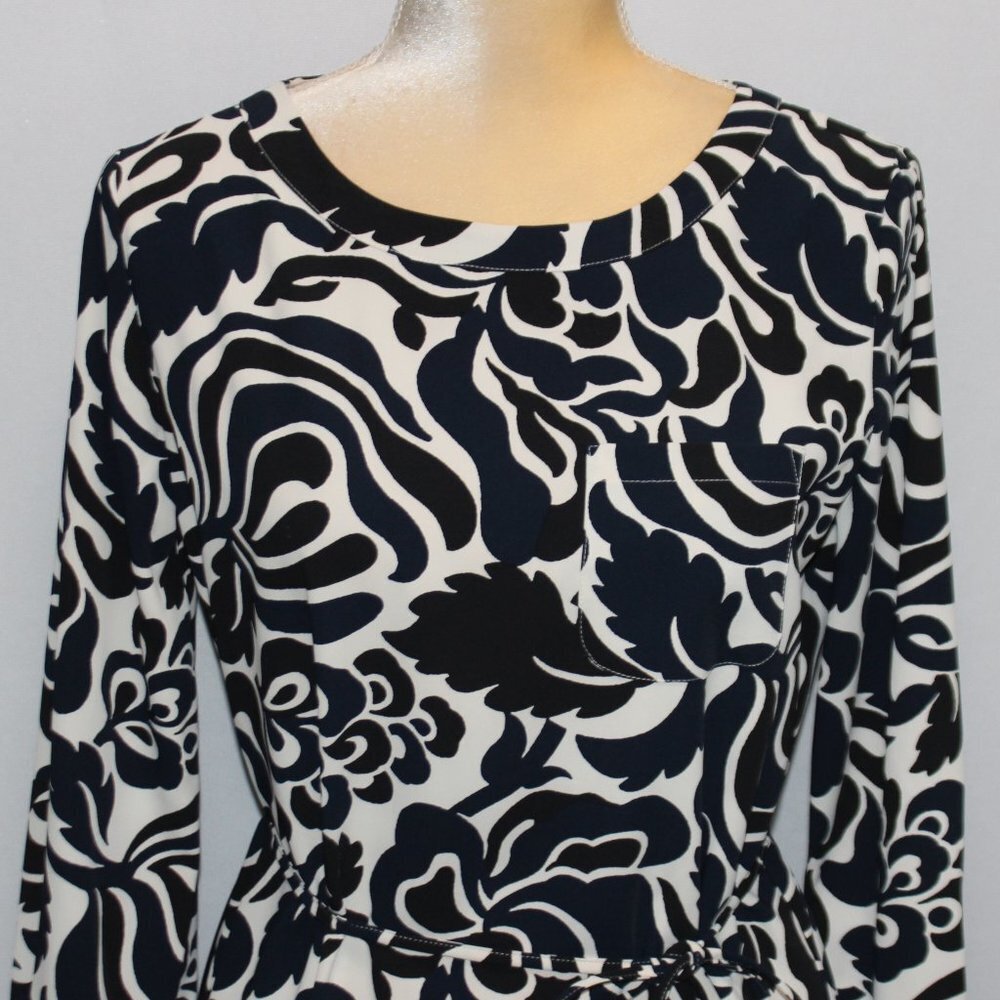 Loft Navy Black and White Long Sleave Straight lined Floral Dress with Tie - Picture 2 of 13